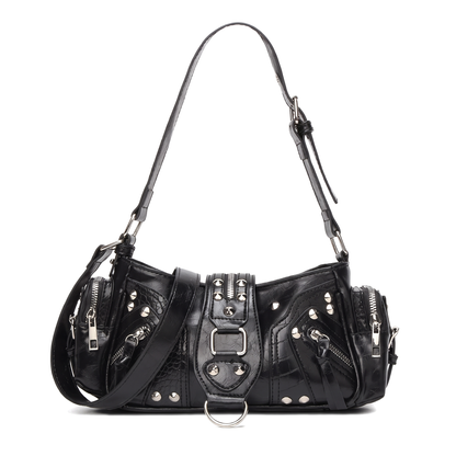 Women's Leopard Print Studded Shoulder Bag in Black