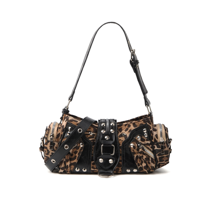 Women's Leopard Print Studded Shoulder Bag in Leopard Black