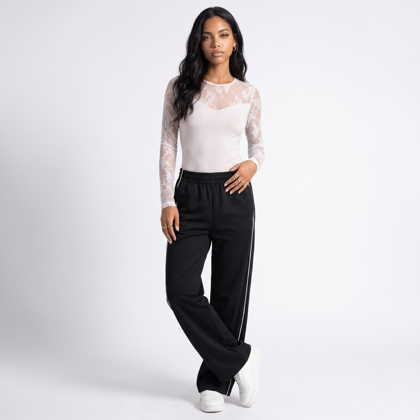 Sunoire womens long sleeve white lace shirt knitted top mesh hollow out slim fit round neck basic style tight shirt solid black shirt front hero 01