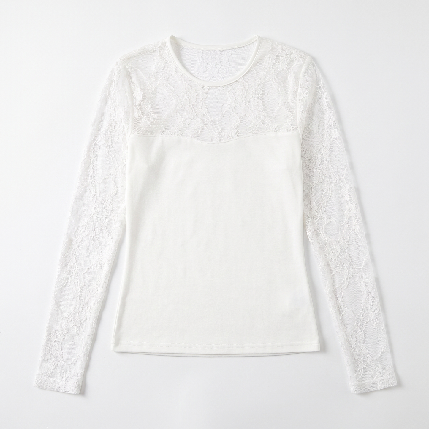 Sunoire womens long sleeve white lace shirt knitted top mesh hollow out slim fit round neck basic style tight shirt solid black shirt garment flatlay 01