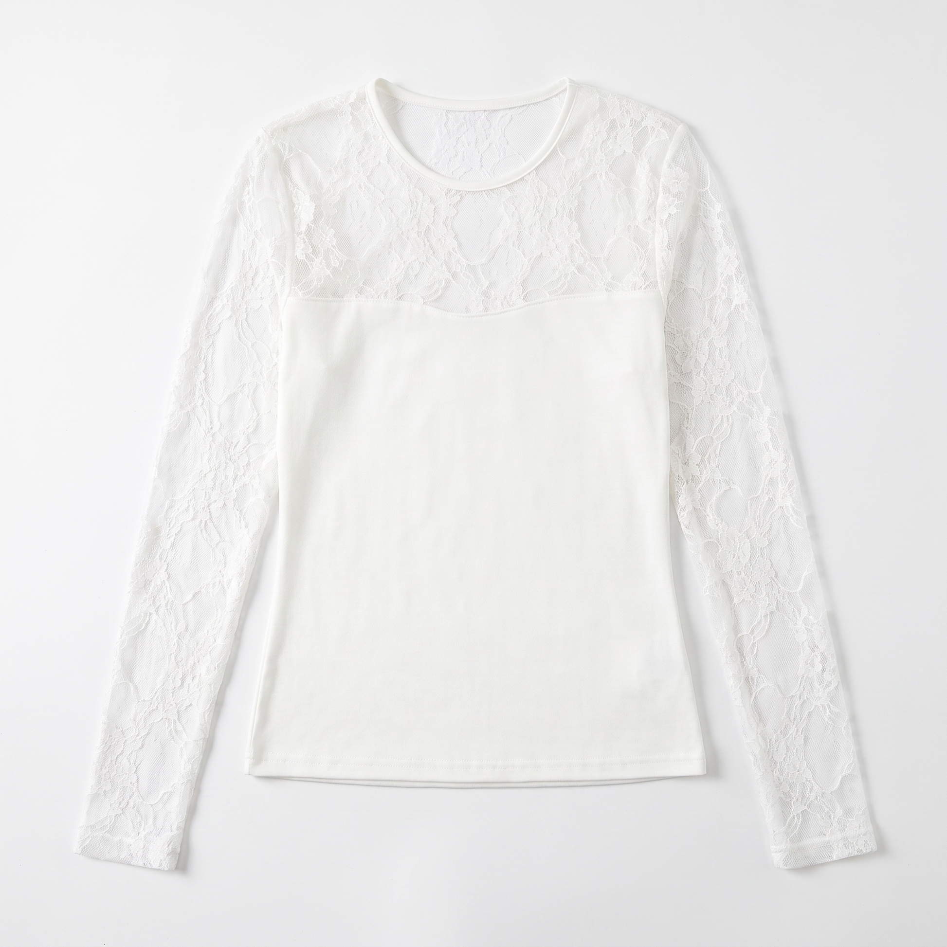 Sunoire womens long sleeve white lace shirt knitted top mesh hollow out slim fit round neck basic style tight shirt solid black shirt garment flatlay 01