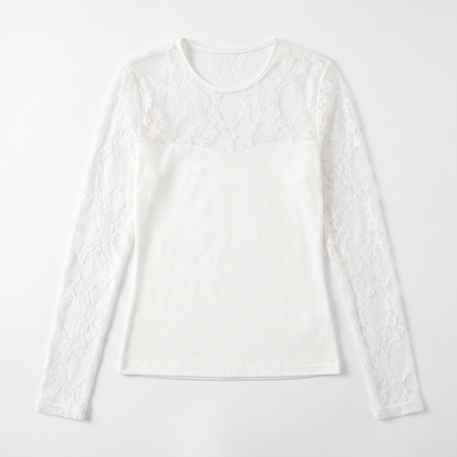 Sunoire womens long sleeve white lace shirt knitted top mesh hollow out slim fit round neck basic style tight shirt solid black shirt garment flatlay 01