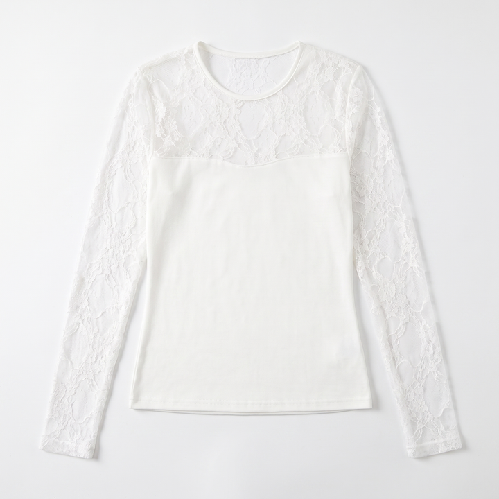 Sunoire womens long sleeve white lace shirt knitted top mesh hollow out slim fit round neck basic style tight shirt solid black shirt garment flatlay 01
