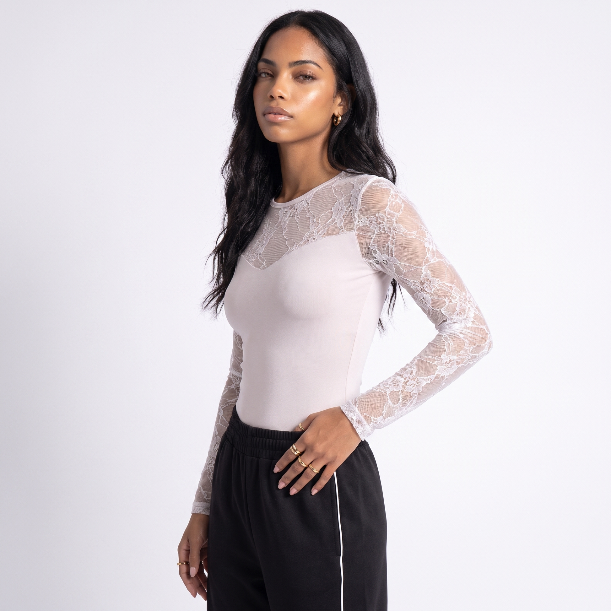 Sunoire womens long sleeve white lace shirt knitted top mesh hollow out slim fit round neck basic style tight shirt solid black shirt top crop 3q 01