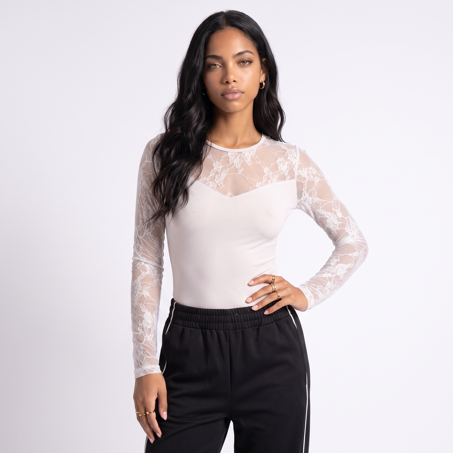 Sunoire womens long sleeve white lace shirt knitted top mesh hollow out slim fit round neck basic style tight shirt solid black shirt top front crop 01
