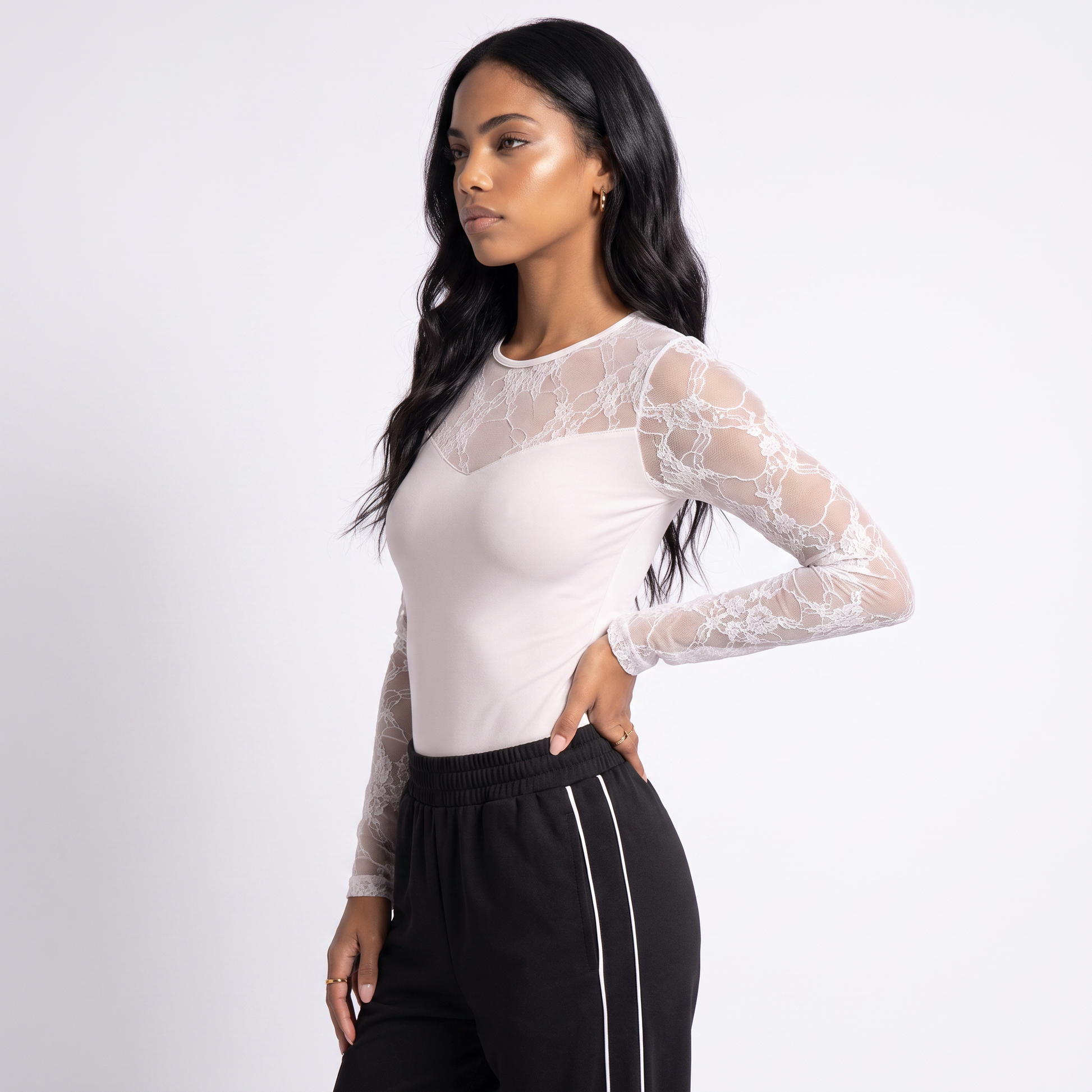 Sunoire womens long sleeve white lace shirt knitted top mesh hollow out slim fit round neck basic style tight shirt solid black shirt top side crop 01