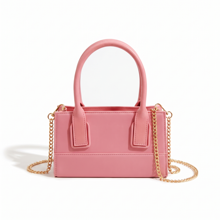 Women's Matte Faux Leather Mini Top Handle Bag, Black Chain Strap Box Bag — Pink