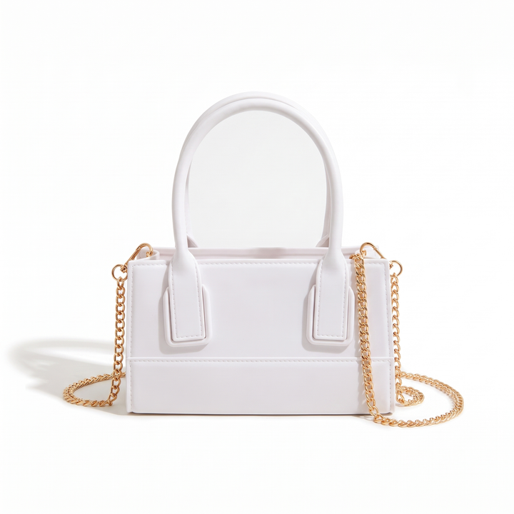 Women's Matte Faux Leather Mini Top Handle Bag, Black Chain Strap Box Bag — White