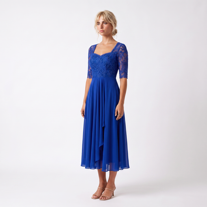 Sunoire womens midi dress with lace bodice and sheer elbow sleeves colorway blue front hero 01