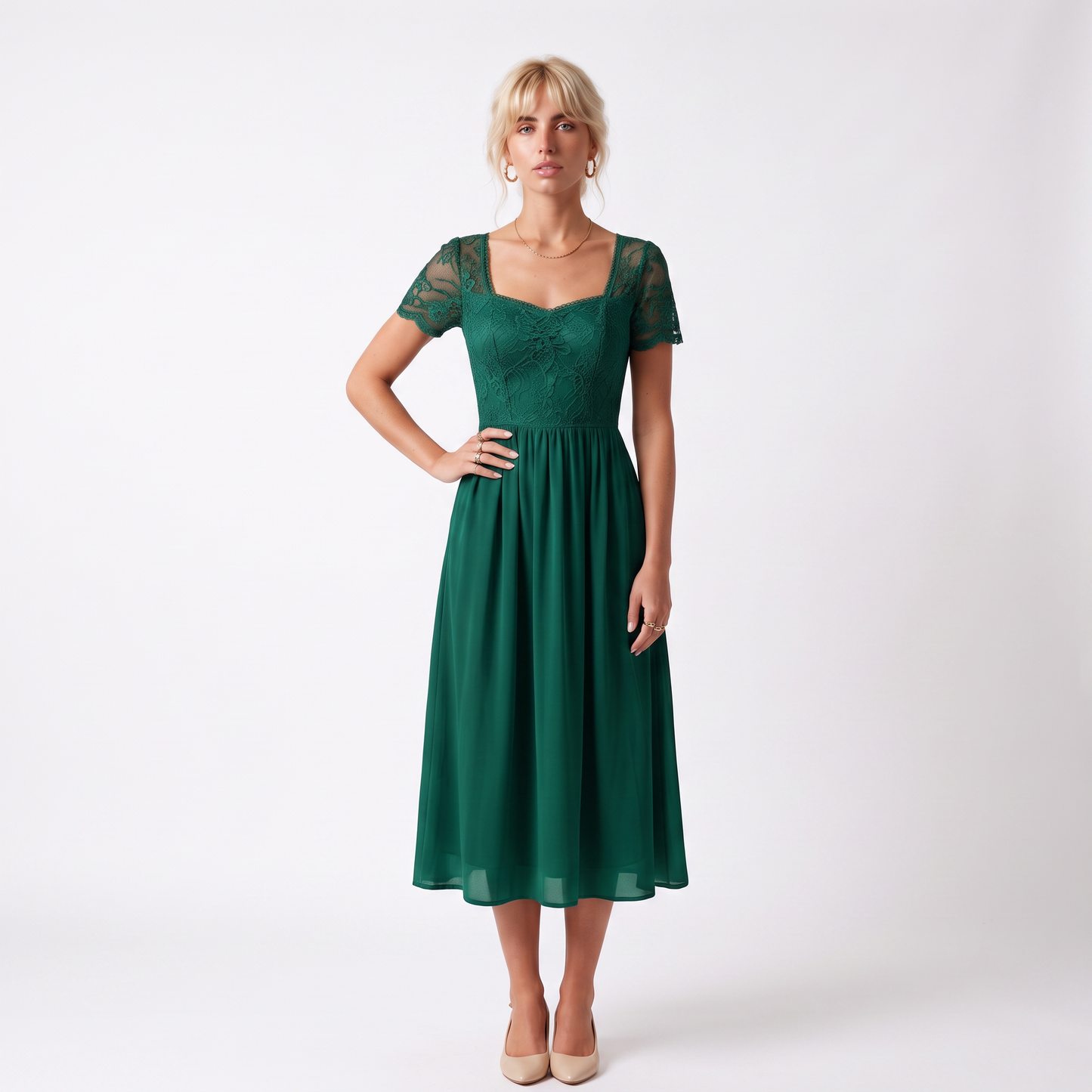 Sunoire womens midi dress with lace bodice and sheer elbow sleeves colorway green front hero 01
