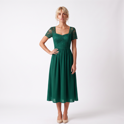 Sunoire womens midi dress with lace bodice and sheer elbow sleeves colorway green front hero 01