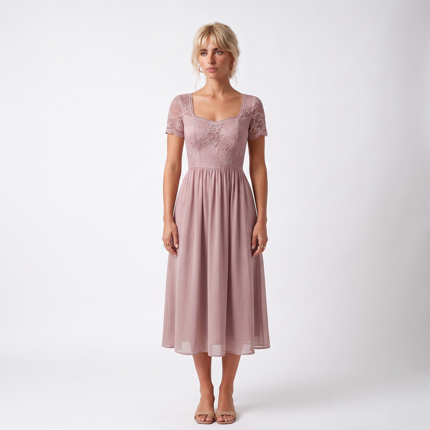 Sunoire womens midi dress with lace bodice and sheer elbow sleeves colorway pink front hero 01