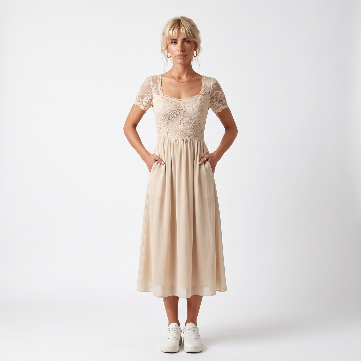 Sunoire womens midi dress with lace bodice and sheer elbow sleeves front hero 01