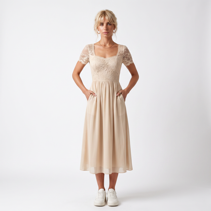 Sunoire womens midi dress with lace bodice and sheer elbow sleeves front hero 01