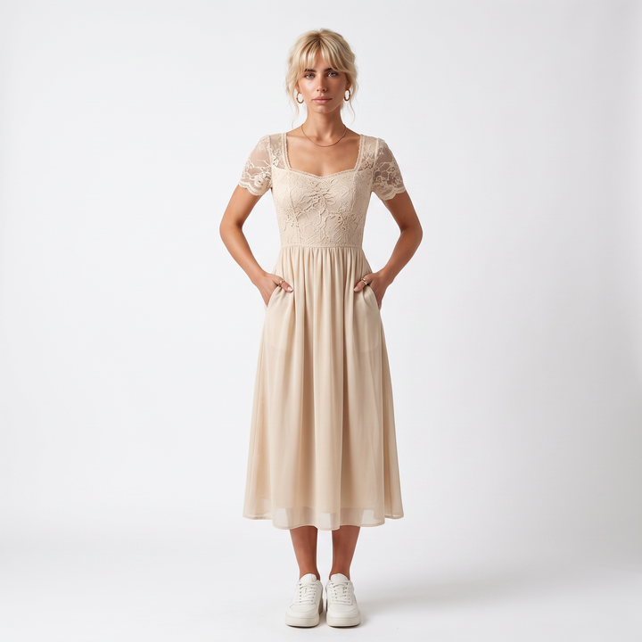 Sunoire womens midi dress with lace bodice and sheer elbow sleeves front hero 01