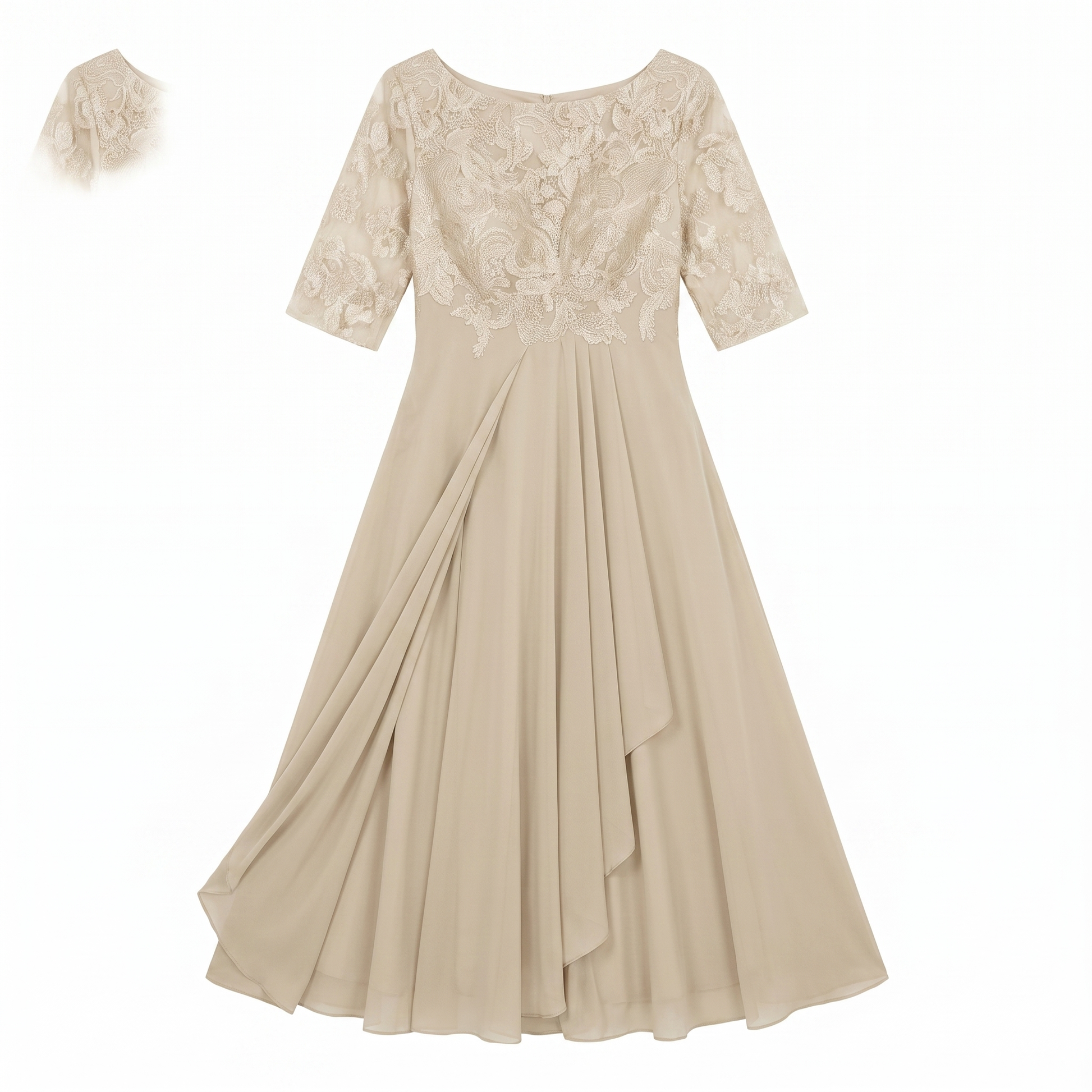 Sunoire womens midi dress with lace bodice and sheer elbow sleeves garment flatlay 01