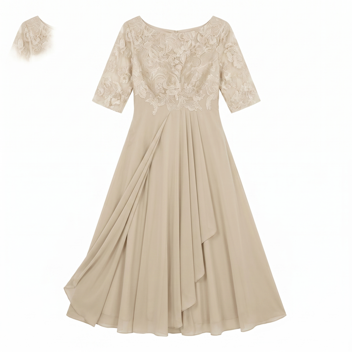 Sunoire womens midi dress with lace bodice and sheer elbow sleeves garment flatlay 01
