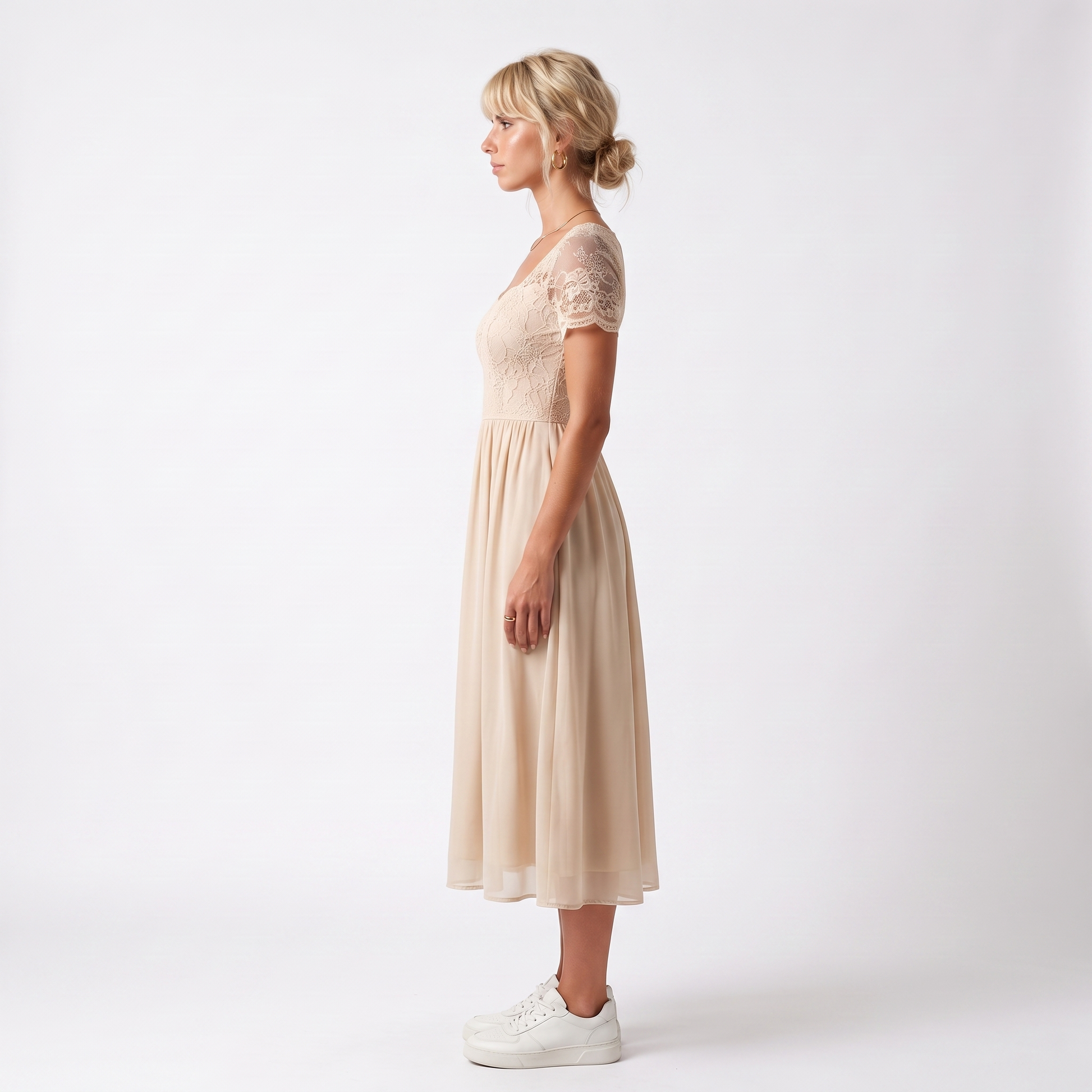 Sunoire womens midi dress with lace bodice and sheer elbow sleeves side view 01