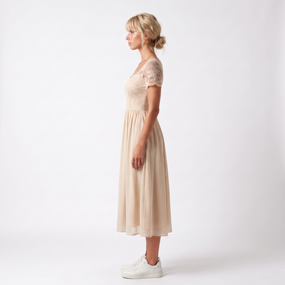 Sunoire womens midi dress with lace bodice and sheer elbow sleeves side view 01