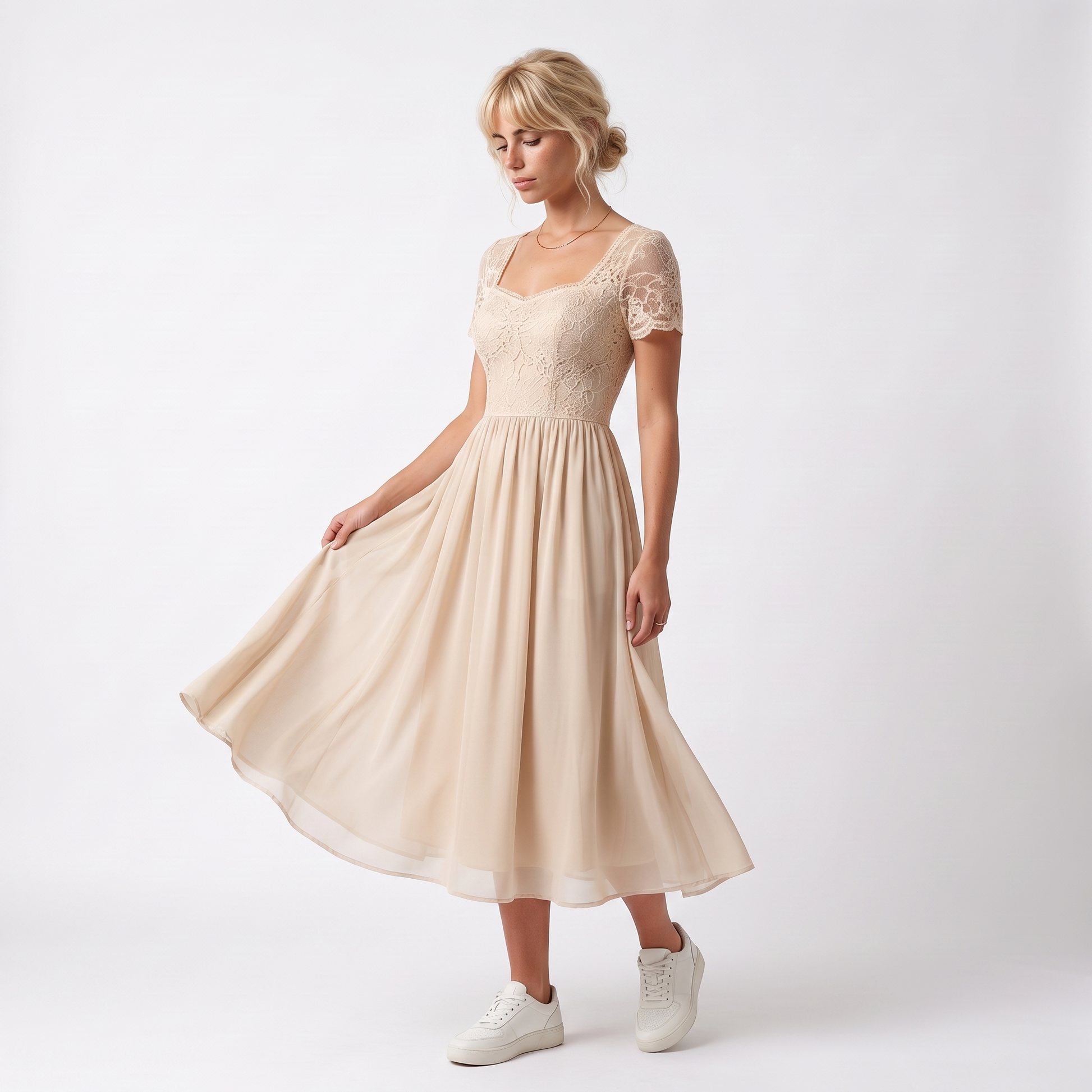 Sunoire womens midi dress with lace bodice and sheer elbow sleeves three quarter 01