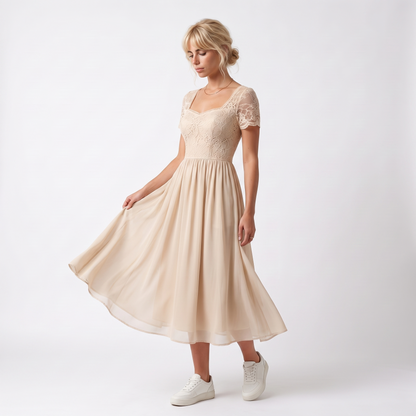 Sunoire womens midi dress with lace bodice and sheer elbow sleeves three quarter 01