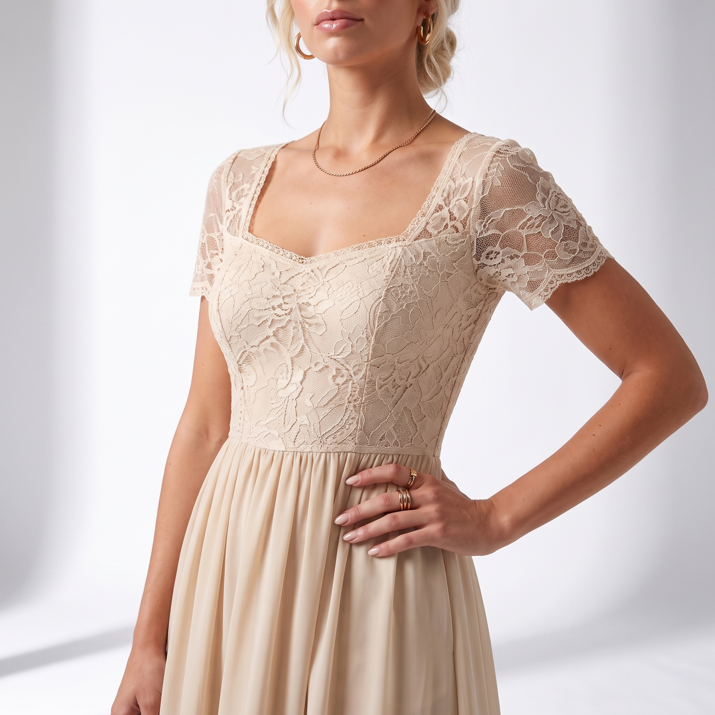 Sunoire womens midi dress with lace bodice and sheer elbow sleeves torso crop 01