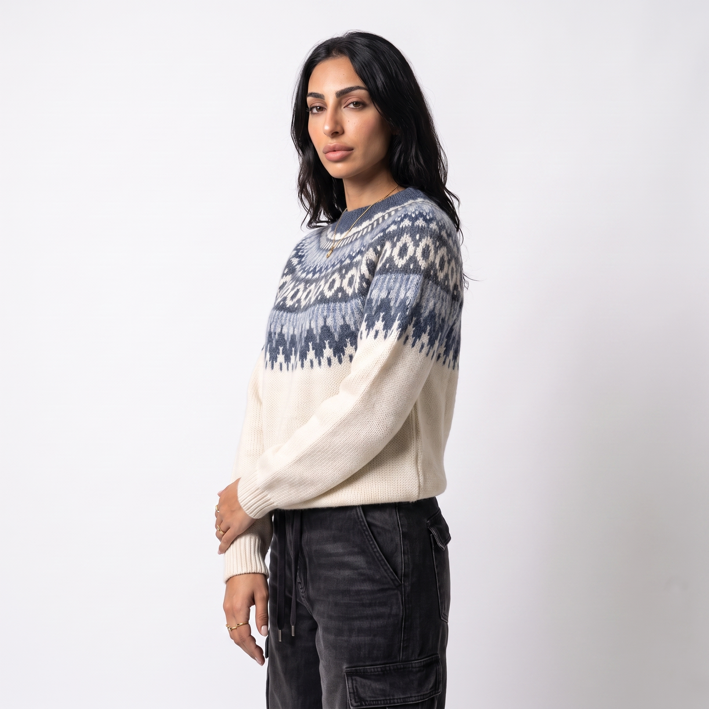 Sunoire Nordic Fair Isle Knit Sweater top crop 3q