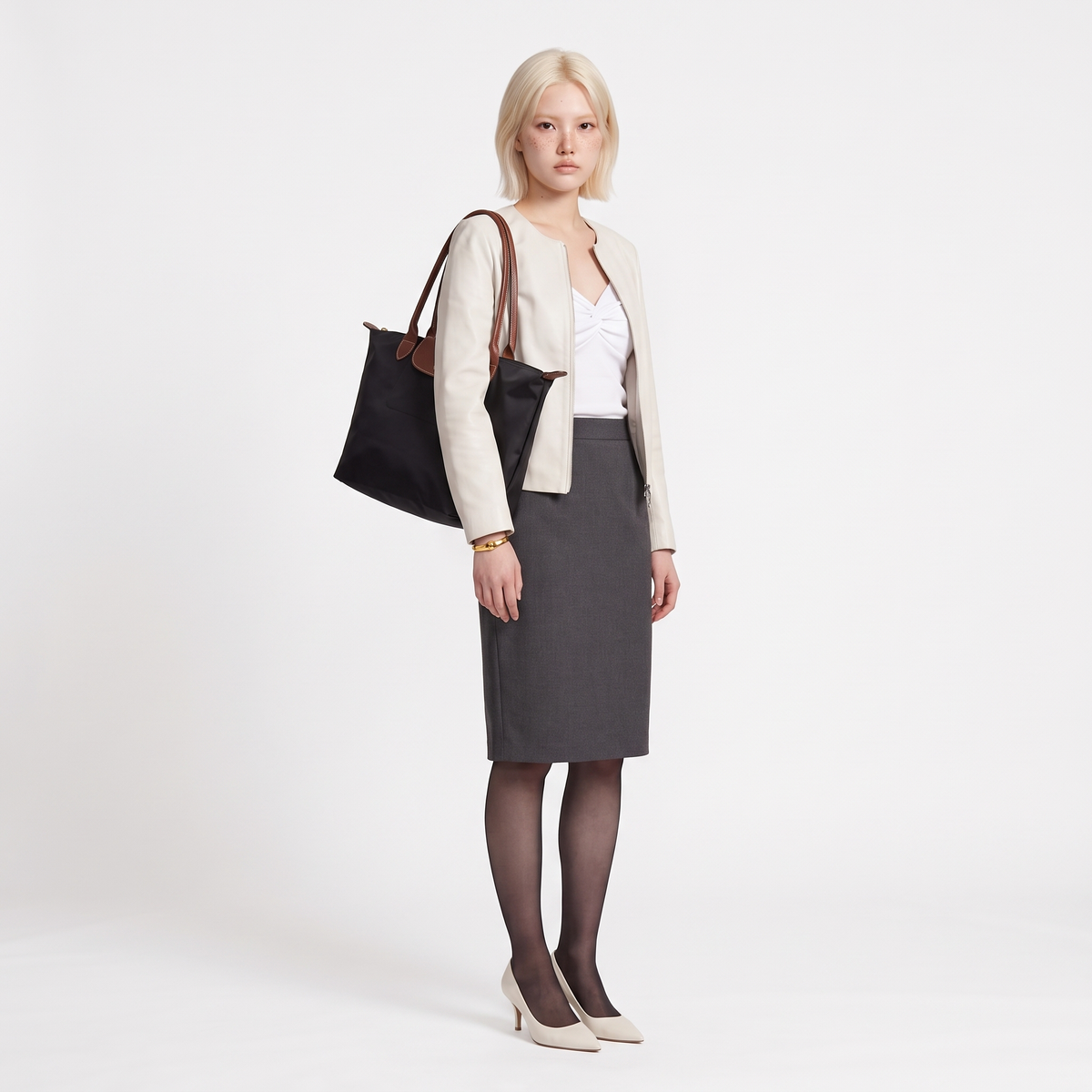 Women's Nylon Tote Bag with Faux Leather Trim, worn by a model