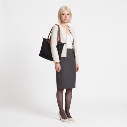 Women's Nylon Tote Bag with Faux Leather Trim, worn by a model