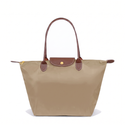 Women's Nylon Tote Bag with Faux Leather Trim in Beige