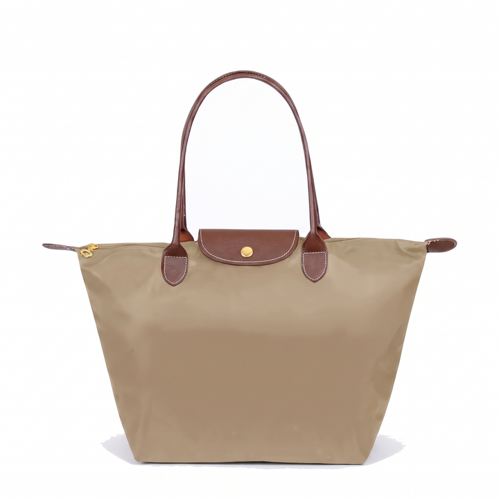 Women's Nylon Tote Bag, Black Zip Top Shoulder Bag — Beige
