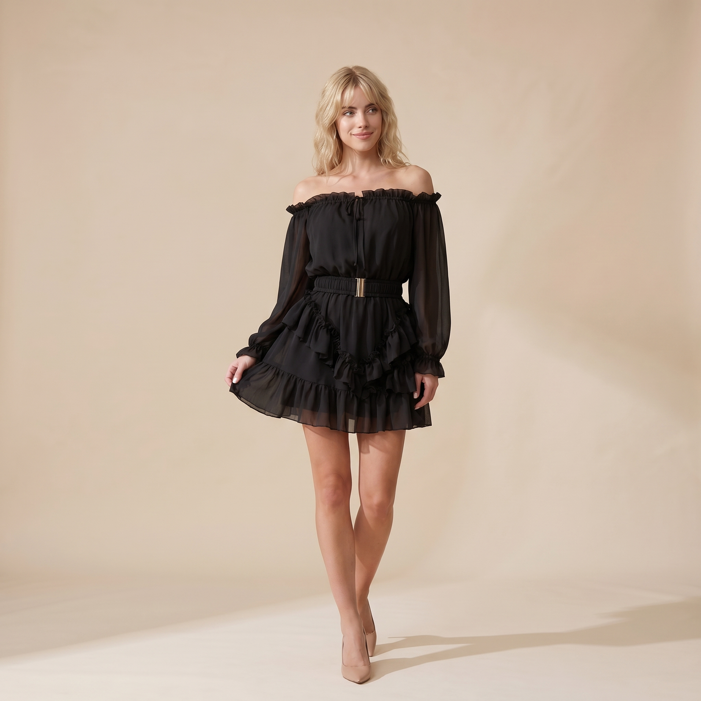 Sunoire womens off shoulder frill trim mini a line dress flowy chiffon ruffle hem party dress with belt built in shorts colorway black front hero 01
