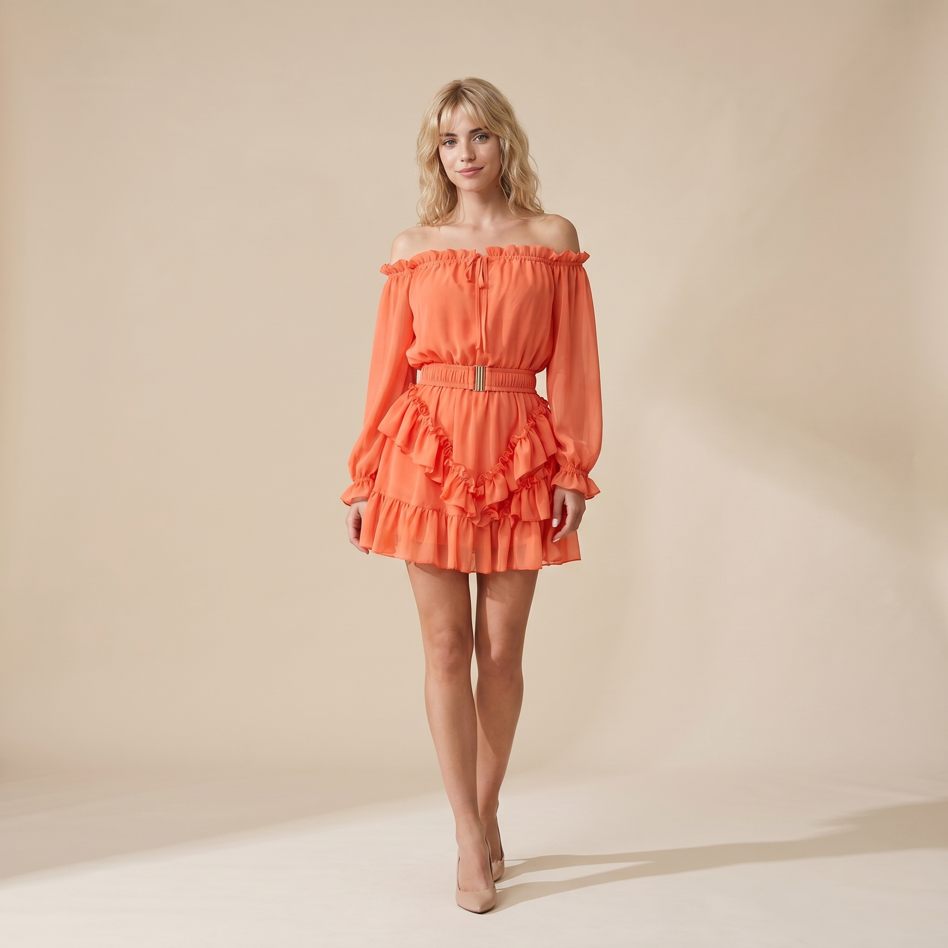 Sunoire womens off shoulder frill trim mini a line dress flowy chiffon ruffle hem party dress with belt built in shorts front hero 01