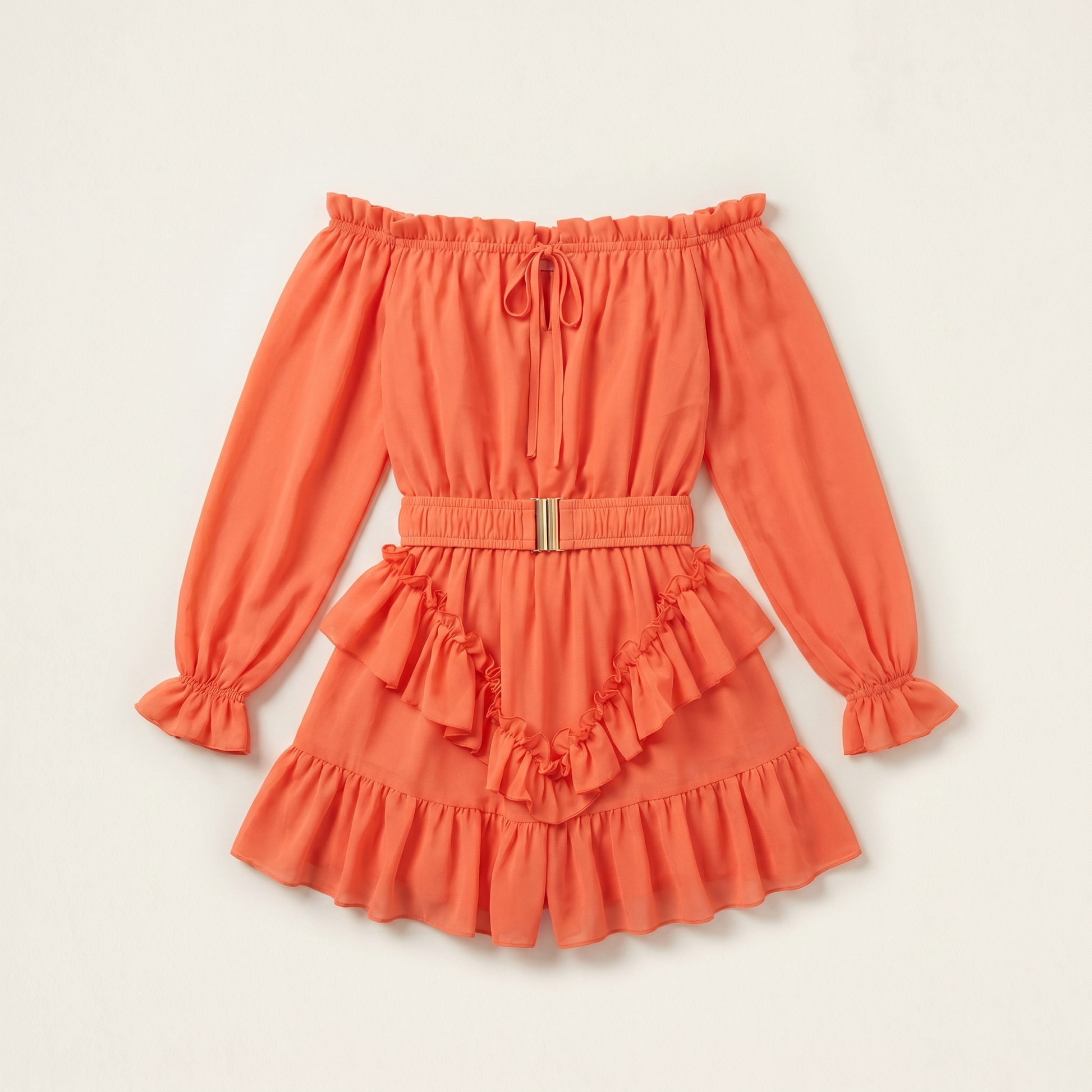 Sunoire womens off shoulder frill trim mini a line dress flowy chiffon ruffle hem party dress with belt built in shorts garment flatlay 01