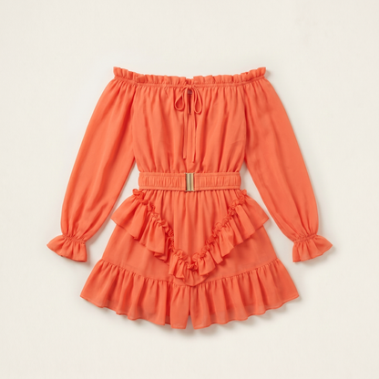 Sunoire womens off shoulder frill trim mini a line dress flowy chiffon ruffle hem party dress with belt built in shorts garment flatlay 01