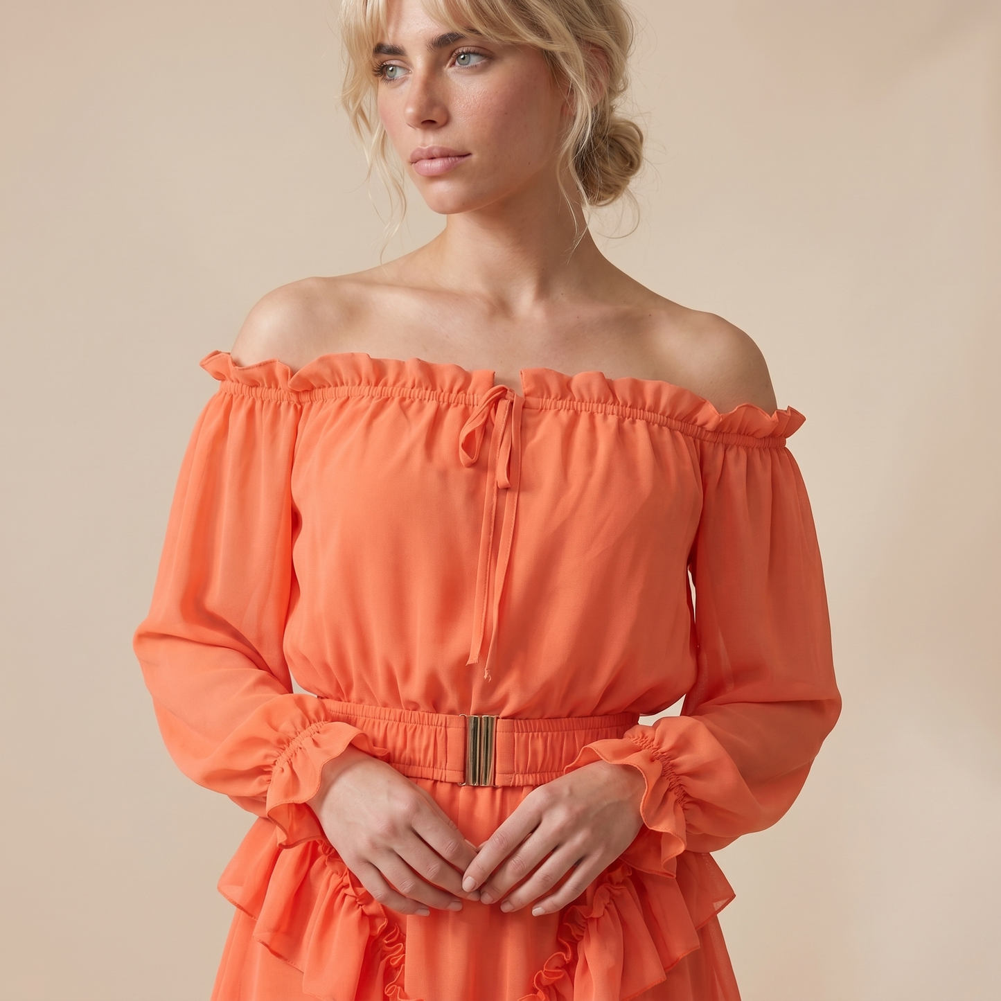 Sunoire womens off shoulder frill trim mini a line dress flowy chiffon ruffle hem party dress with belt built in shorts top detail 01