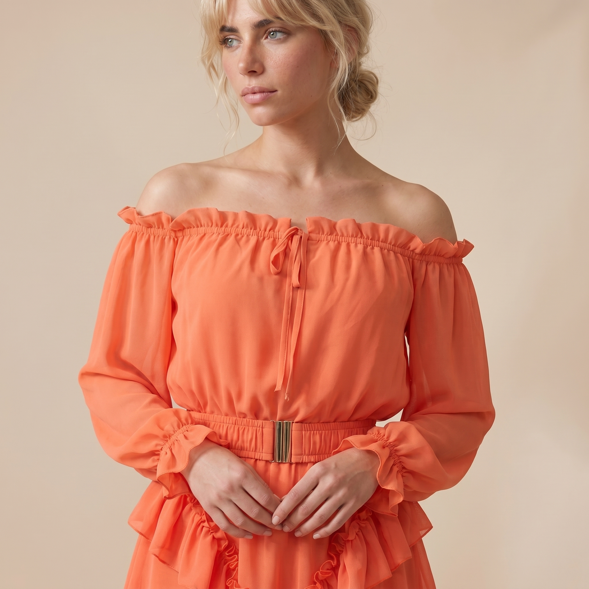 Sunoire womens off shoulder frill trim mini a line dress flowy chiffon ruffle hem party dress with belt built in shorts top detail 01