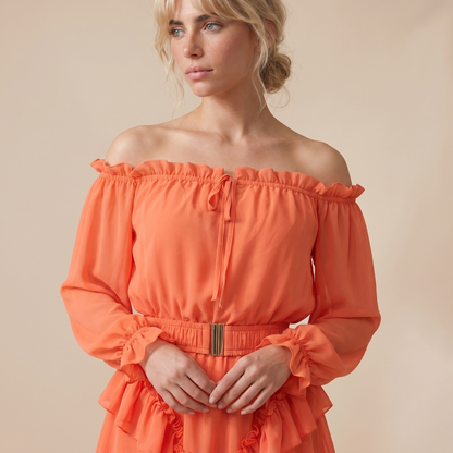 Sunoire womens off shoulder frill trim mini a line dress flowy chiffon ruffle hem party dress with belt built in shorts top detail 01