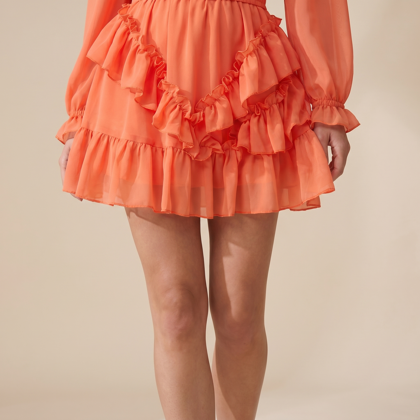 Sunoire womens off shoulder frill trim mini a line dress flowy chiffon ruffle hem party dress with belt built in shorts worn detail 01