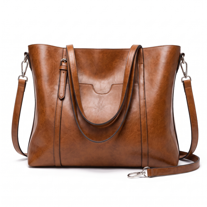 Women's Faux Leather Tote Bag, Black Glossy Zip Top Shoulder Bag — Brown