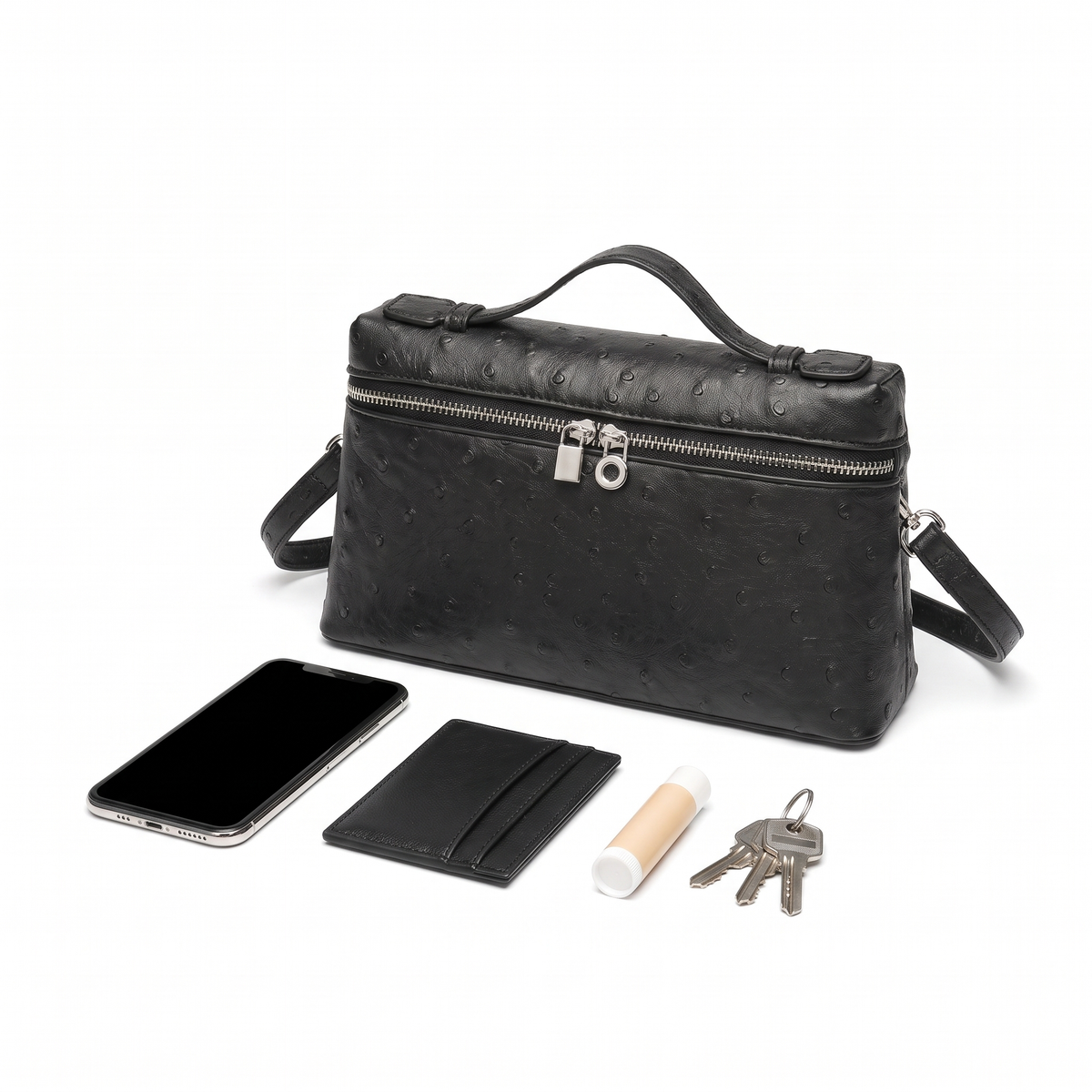 Women's Ostrich Faux Leather Pouch Bag, what fits inside