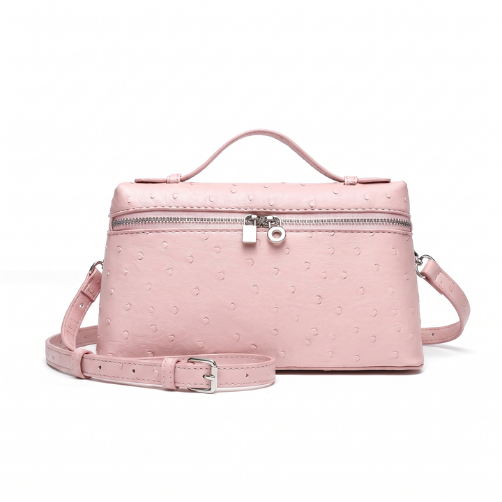 Women's Ostrich Faux Leather Pouch Bag, Black Top Handle Crossbody Bag — Blush Pink