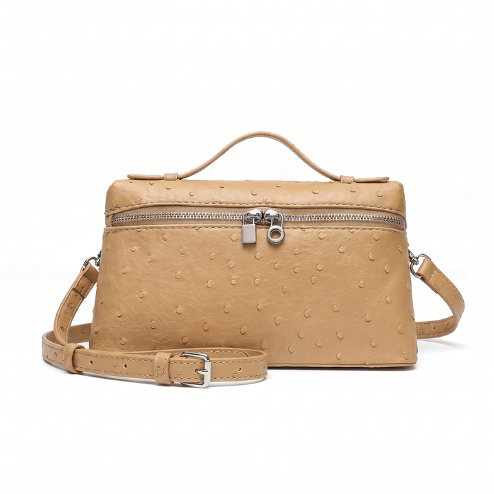 Women's Ostrich Faux Leather Pouch Bag, Black Top Handle Crossbody Bag — Camel