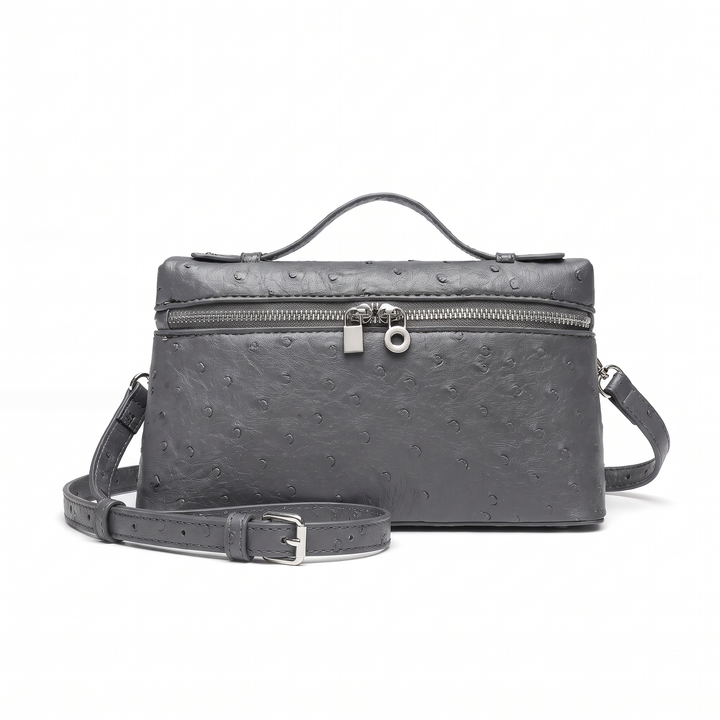 Women's Ostrich Faux Leather Pouch Bag, Black Top Handle Crossbody Bag — Dark Grey