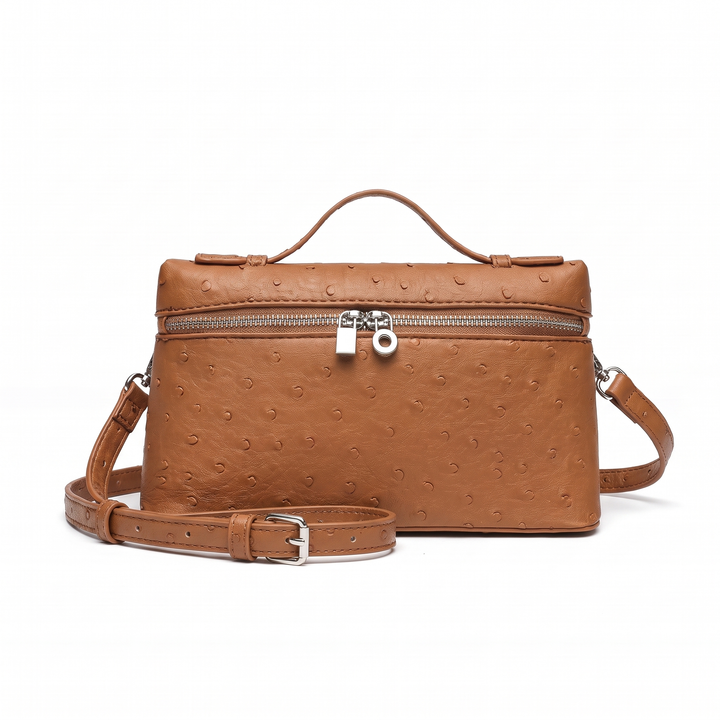 Women's Ostrich Faux Leather Pouch Bag, Black Top Handle Crossbody Bag — Tan Brown