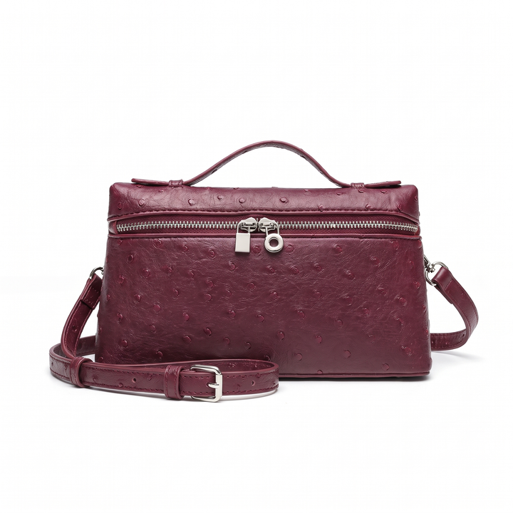 Women's Ostrich Faux Leather Pouch Bag, Black Top Handle Crossbody Bag — Wine Red