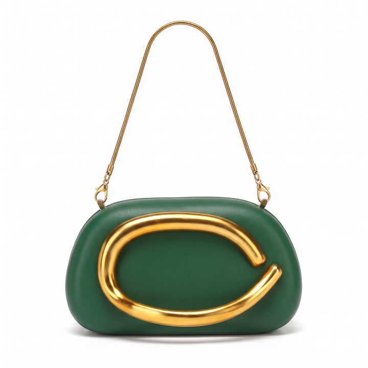 Women's Oval Box Clutch, Hot Pink Gold C Bar Chain Evening Bag — Dark Green
