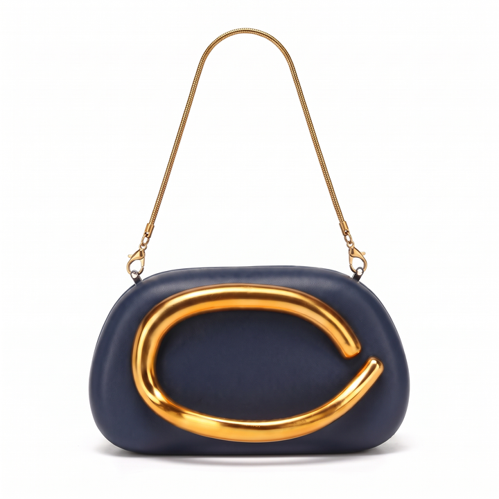 Women's Oval Box Clutch, Hot Pink Gold C Bar Chain Evening Bag — Navy