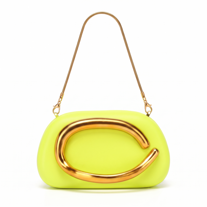 Women's Oval Box Clutch, Hot Pink Gold C Bar Chain Evening Bag — Neon Yellow