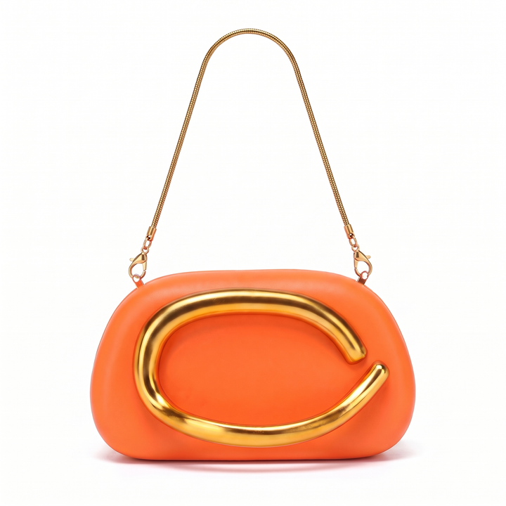 Women's Oval Box Clutch, Hot Pink Gold C Bar Chain Evening Bag — Orange